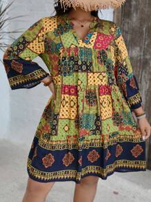 SHEIN VCAY Plus Size Vacation Casual Patchwork Print Dress Boho Women Clothing Women Plus Clothing Boho Women Clothing Boho Women Boho Dress Boho Plus Size Dress