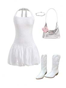 SHEIN Teen Girl White Fitted Jacquard Textured Splicing Solid Color Sleeveless Square Neck Draped Cocktail Dress - White - View 2