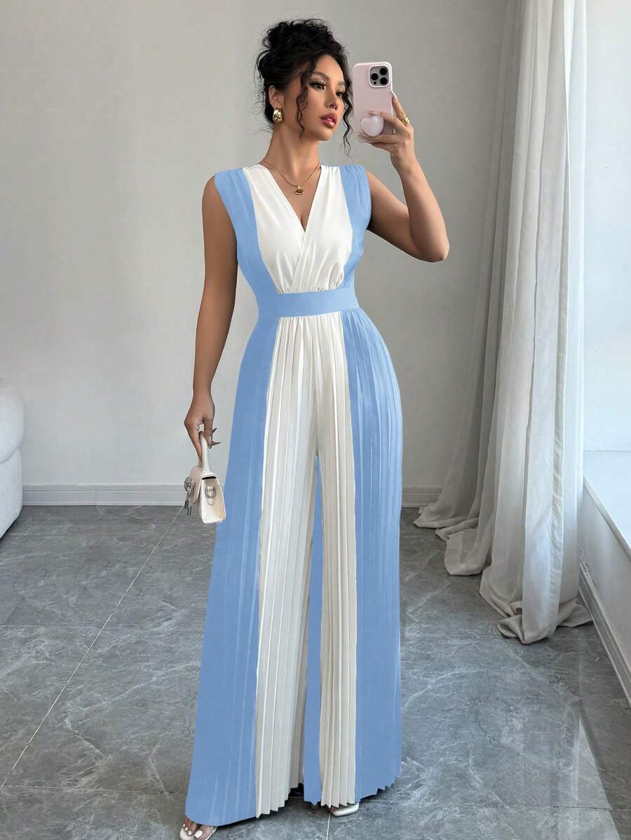 SHEIN Elenzya 女士 V 领褶皱腰阔腿连体裤，优雅休闲装，适合日常、通勤和度假 - 彩色 - 查看 1