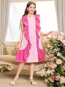 Teen Girl Sleeveless Round Neck Simple Stylish Summer Dress - Hot Pink - View 1