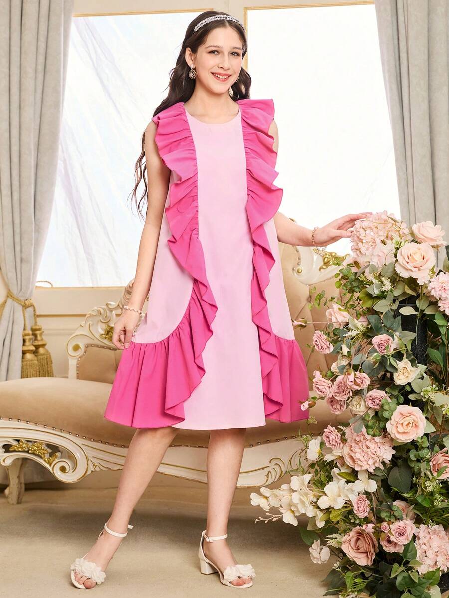 Teen Girl Sleeveless Round Neck Simple Stylish Summer Dress - Hot Pink - View 1