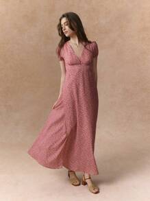 Écloséra 经典及膝连衣裙，法式V领碎花裹身裙 - 藕粉色 - 查看 3