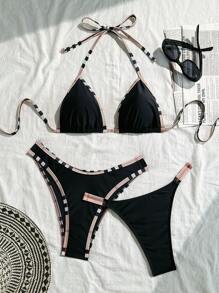 Swim Vcay 3pcs/Set Color Block Black Bikini Set For Women, Suitable For Spa, Vacation, Swimming For Summer