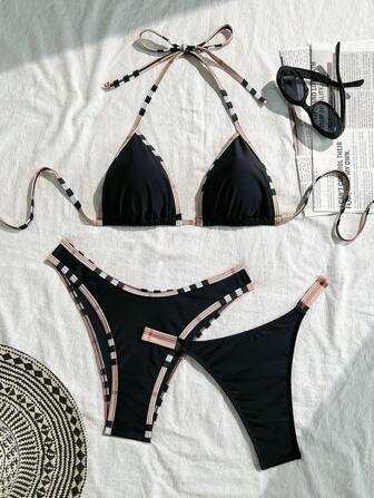 Swim Vcay 3pcs/Set Color Block Black Bikini Set For Women, Suitable For Spa, Vacation, Swimming
