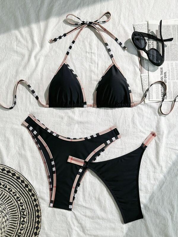 Swim Vcay Set de 3 piezas de bikini de bloques de color negro para mujeres, adecuado para spa, vacaciones, natación