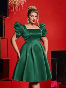 Glamrae Váy suông chữ A cổ vuông thanh lịch tay bồng màu hồng cánh sen cỡ lớn cho dạ hội, tiệc tùng, tiệc cưới, tiệc cocktail - Màu xanh lá cây đậm - Xem 6