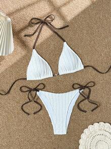 SHEIN Swim 2pcs/Set Halter Triangle Bikini And Crisscross Bandage Bottoms Swimwear For Summer Beach Vacation - White - View 8