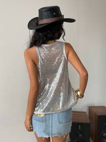 Siren Gaze Tank Tops Women Silver Sequin Loose Casual Holiday Top Women's Music Festival Fashion Sequined Sheer Back Tank Top Summer Glitter - Silver - View 4