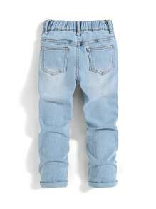 SHEIN Young Boys Spring Casual Simple Washed Ripped High Stretch Skinny Blue Denim Jeans, Spring/Summer Spring Break Daily Wear - Light Wash - View 2