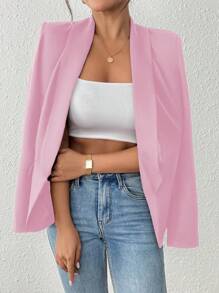 SHEIN PETITE Áo khoác blazer cổ tròn dài tay màu trơn cho nữ mặc thường ngày & đi làm - Hồng - Xem 5