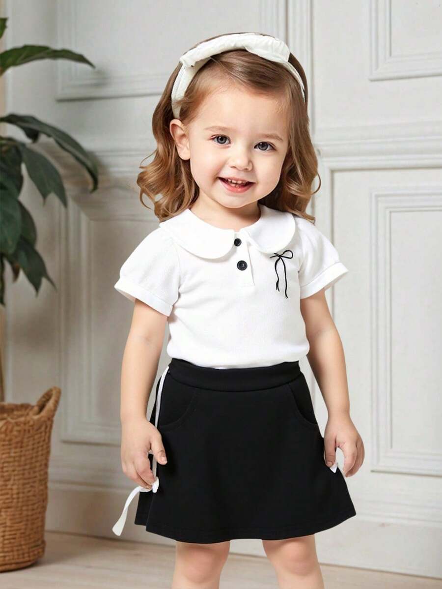 Bayi Perempuan Musim Panas Terbaru, Atasan Lengan Pendek Warna Polos dengan Pita dan Rok Pinggang Bergaris dengan Simpul Pita - Putih - View 1