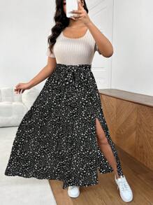 SHEIN Frenchy 大码夏季休闲拼色碎花拼布开衩连衣裙 - 黑色 - 查看 1