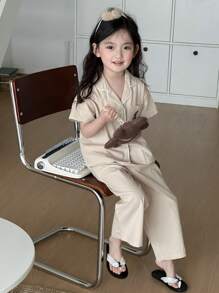 DAZY Conjunto informal de niña con blusa de manga corta a cuadros y pantalones, ideal para primavera/verano