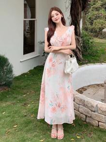 DAZY Floral Ruffle Trim Split Mid-Length Dress For Women Maxi Dress Vacation Outfits Women - Orange - View 6
