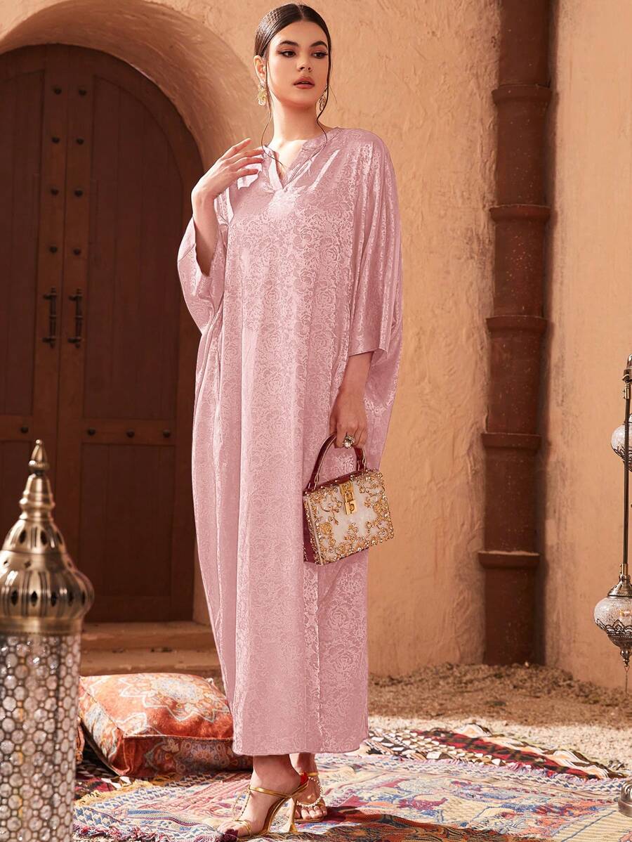 Al Najma Women's Elegant Solid-Color Jacquard Turkish-Style Abaya Dress, Modest Kaftan - Pink - View 1