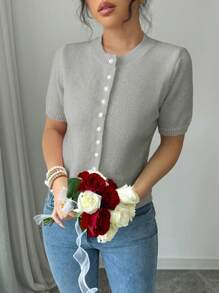 Rafferiza Women's Casual Loose Button-Up Solid Knit Top, Simple Design, Pink, Short Sleeve, Pullover, Autumn/Winter - Grey - View 3