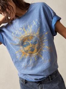 Bohemela Boho-Western-Stil Unifarben gestricktes Muster Rundhals kurzärmelig luftige Damen T-Shirt, Frühling/Sommer