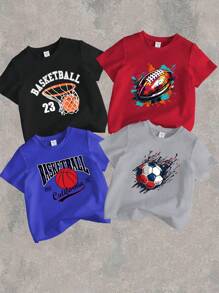 SHEIN 4 Peças Conjunto de Camisetas de Manga Curta com Gola Redonda, Estampa Gráfica de Basquete, Beisebol e Futebol, Jovem Menino, Preto/Vermelho/Azul/Cinza