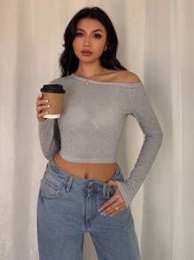 Elenzga Neuer asymmetrischer Kragen Langarm T-Shirt für Frühling & Herbst, sexy und elegante kurze aprikotfarbene Bluse für Frauen