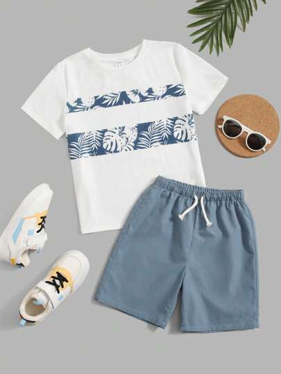 SHEIN Tween Boy Floral Print Patchwork T-Shirt And Solid Color Shorts Set