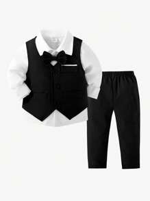 SHEIN 2pcs Baby Boy Suit Set: Plain Waistcoat And Trousers, Elegant Style Suitable For Birthday Party, Evening Party, Performance, Wedding