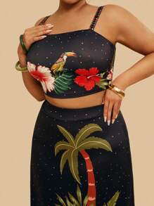 Travachic Tropical Plus Size Casual Summer Vacation Beach 2 Pieces Set: Black Parrot & Coconut Tree Print Cami Tank Top & Elastic Knit Skirt - Multicolor - View 5