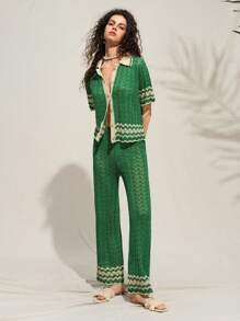 Arave Women's Fashionable Casual & Holiday Style Wave Hollow-Out Contrast Color Polo Collar Short Sleeve Top And Wide Leg Pants Set, Spring/Summer,Sets For Women,Summer Outfits For Women,Two Pieces Set Women,Green Set,Vacation Outfits Woman,Two Pieces Set Women