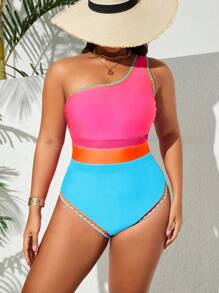 SHEIN Swim Curve Plus Size Contrast Color Contrast Mesh Floral One-Piece Swimsuit, Simple & Casual Holiday Style