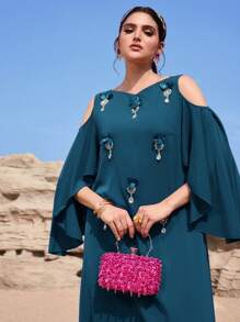 Al Najma 女士优雅水钻装饰露肩土耳其长裙和阿拉伯传统长袍 - 水鴨藍 - 查看 3