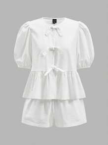 SHEIN EZwear 2pcs/Set Women's Solid Color Bow Decor Short Puff Sleeve Top And Shorts - White - View 3