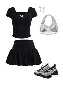 SHEIN 2pcs/Set Teen Girl's Casual Minimalist Puff Sleeve Crop Top And Mini Skirt Set - Black - View 2