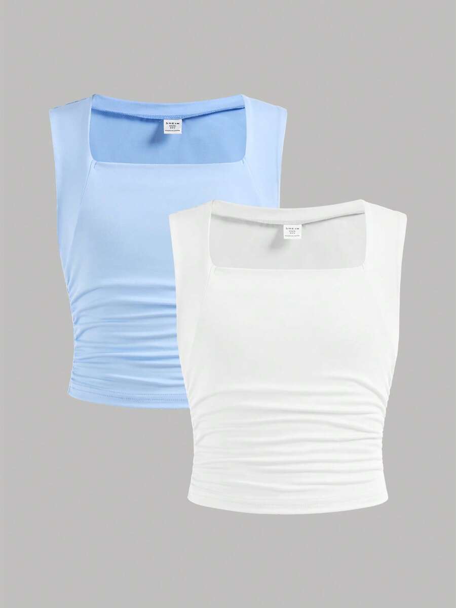 SHEIN Girlism 2 件套 Tween 女童休闲修身舒适方领吊带背心