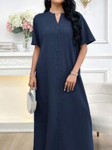 Al Najma Women's Solid Color Short Sleeve Arabic Style Simple Dress, Suitable For Summer - Navy Blue - View 3