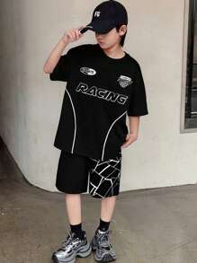 SHEIN Tween Boy Single Print Geometric Pattern Drawstring Waist Shorts