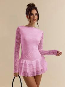 SHEIN BAE 女士纯色优雅花卉蕾丝长袖分层荷叶边下摆迷你连衣裙，适合夜间外出、俱乐部、生日派对、情人节 - 淺粉色 - 查看 3