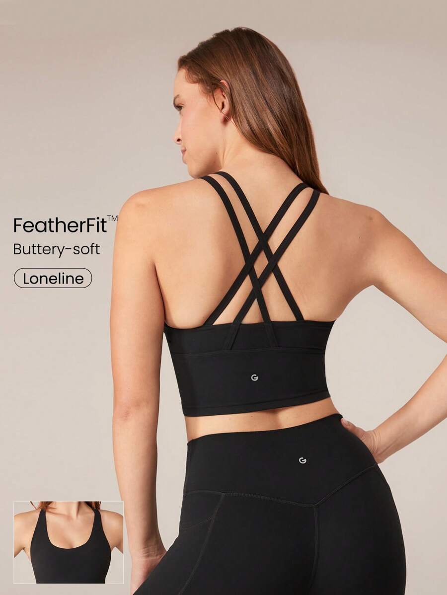 GLOWMODE FeatherFit™ Longline Crossover Strap Sports Bra Light Support Yoga Studio Gym Daily Fall Winter - Black - View 1