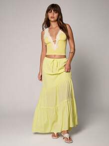 TRNVIE Casual Yellow Low-Waist Wrap Long Skirt