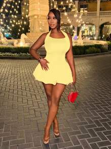 BamGleam Váy ngắn hở lưng hở vai màu trơn gợi cảm mùa hè cho nữ Quần áo năm mới - Màu vàng - Xem 5