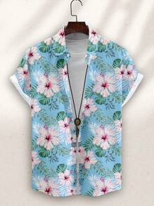 Manfinity RSRT Fashionable & Casual Holiday Style Botanical Floral Allover Digital Print Men's Button-Down Collared Fit Short Sleeve Shirt, Suitable For Outdoor, Dating, Party Occasions, Great Gift For Boyfriend - Blue - View 3