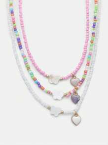 SHEIN Teen 3 Pcs Set Multi Colour Rice Bead Necklaces With Pendant