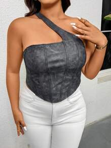 SHEIN Privé Plus Size Women Summer Elegant Comfortable Casual Holiday Patterned PU Sleeveless Blouse