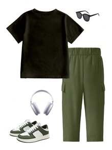 SHEIN Young Boy Plain Design Short Sleeve Round Neck T-Shirt, Casual For Summer