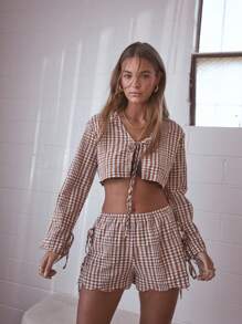 Aralina Gingham Tie Front Long Sleeve Two Pieces Summer Outfit Top And Short Set - Brown - View 7