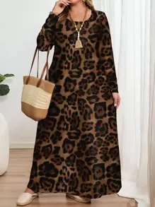 EMERY ROSE Casual Versatile Plus Size Leopard Print Long Sleeve Round Neck Dress, Suitable For Spring And Autumn And Winter Chic Dress - Multicolor - View 1