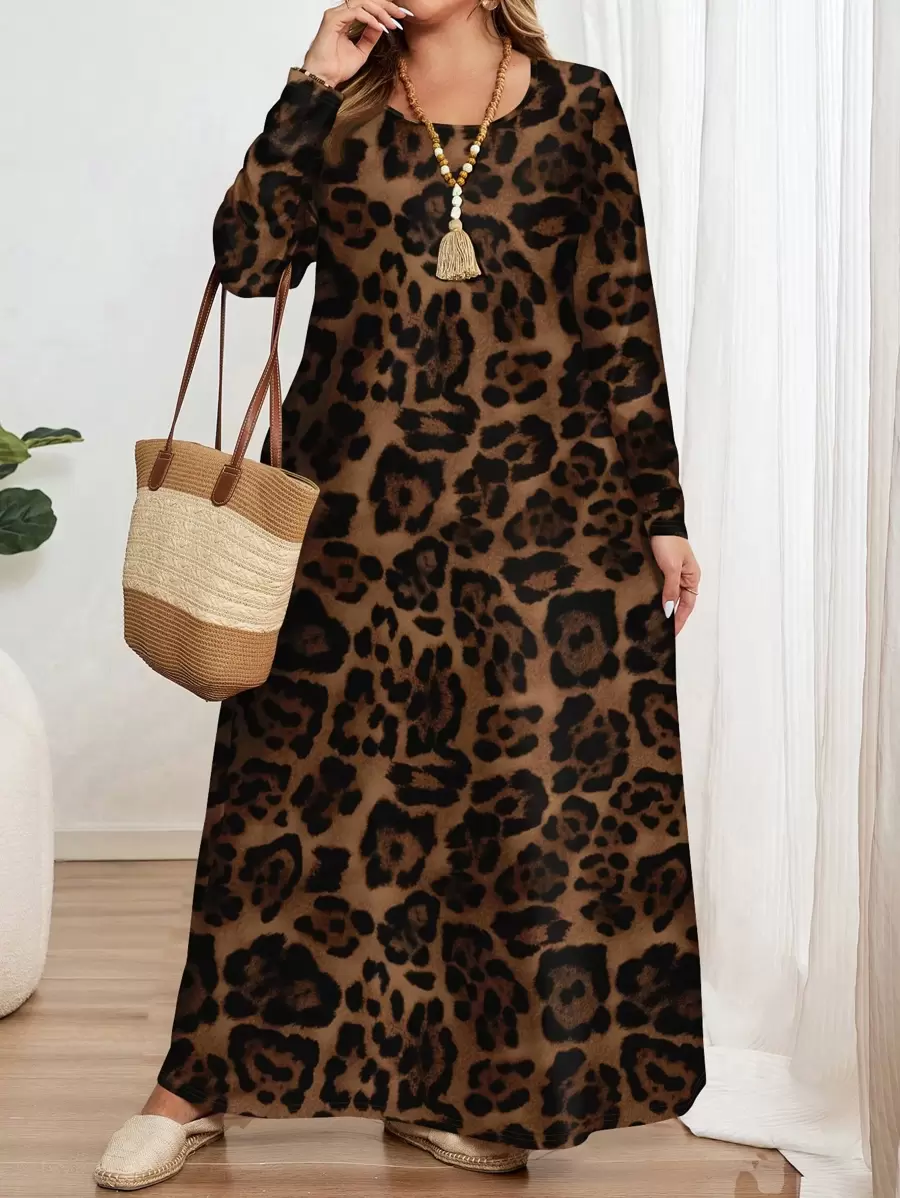 EMERY ROSE Casual Versatile Plus Size Leopard Print Long Sleeve Round Neck Dress, Suitable For Spring And Autumn And Winter Chic Dress - Multicolor - View 1