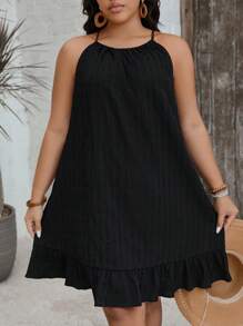 SHEIN VCAY 大码女式纯色荷叶边下摆休闲吊带背心连衣裙 - 彩色 - 查看 6