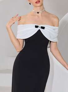 Modelyn A Celebrity Black And White  Bowknot  Fish Tail Dress Women's Long Dress Simple Fashion Casual Daily