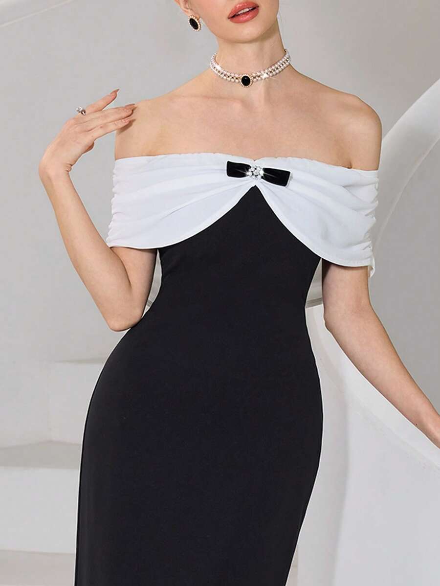 Modelyn A Celebrity Black And White  Bowknot  Fish Tail Dress Women's Long Dress Simple Fashion Casual Daily