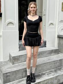 SHEIN 2pcs/Set Teen Girl's Casual Minimalist Puff Sleeve Crop Top And Mini Skirt Set - Black - View 6