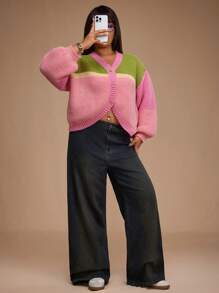 Forever 21 大码女式冬季条纹短款长袖休闲针织开衫，长袖上衣新年女式短款上衣，Y2k 服装新款彩色拼布休闲宽松针织开衫 - 彩色 - 查看 3